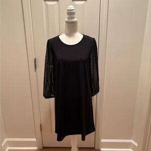 Adrianna Papell Black Sheer Dot Puff-Sleeve Shift Dress